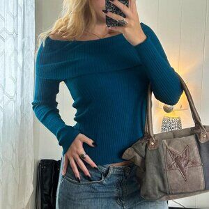 Blue off the shoulder long sleeve top Size M 🩵 VTG Y2K Ribbed sweater teal